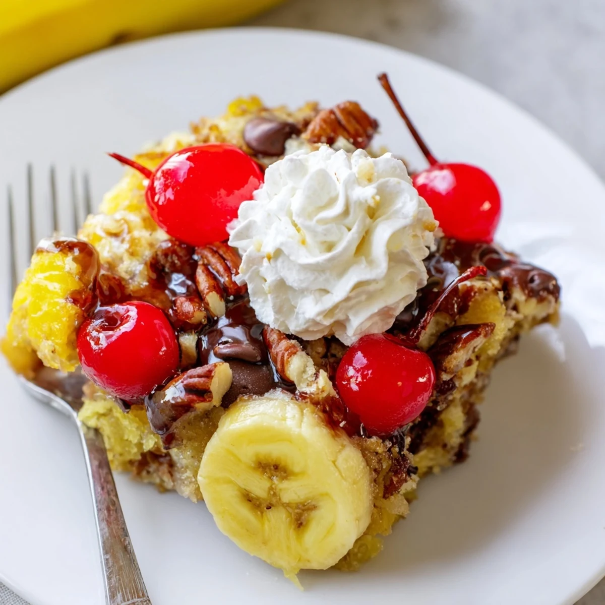 Warm Banana Split Dump Cake bubbling in dish, sliced bananas and cherries