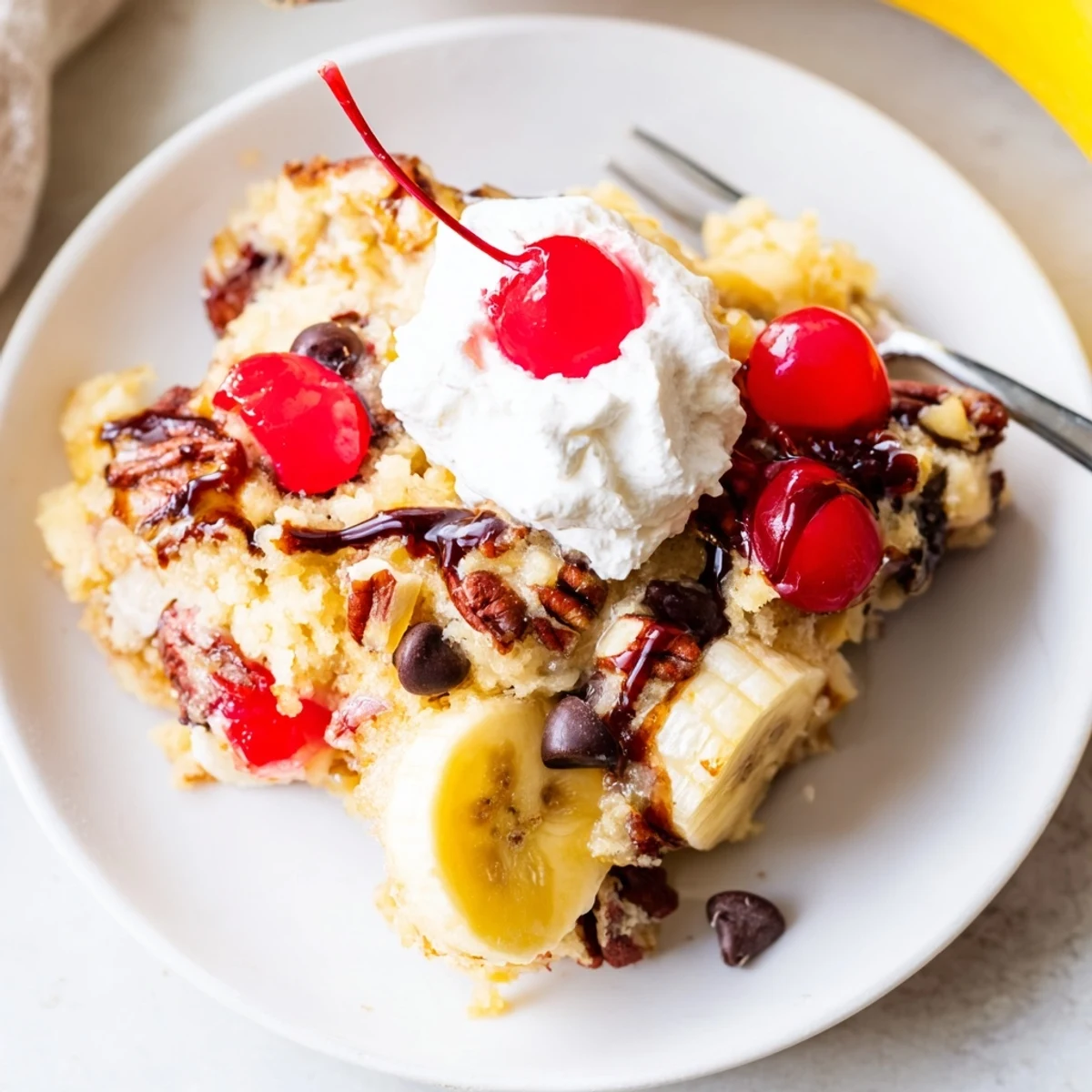 Banana Split Dump Cake cooling on rack, ready for scoops of ice cream