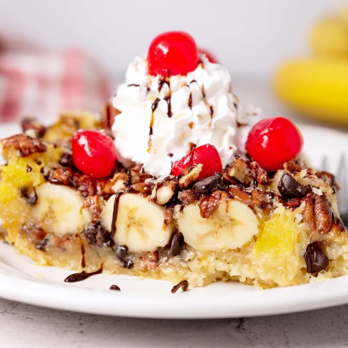 Creamy Banana Split Dump Cake crowned with whipped cream and chocolate drizzle