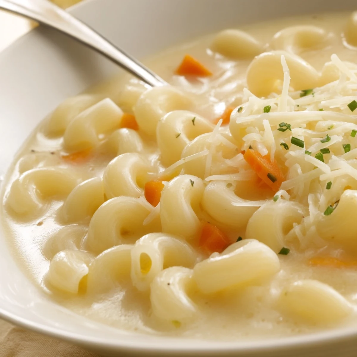 Creamy Mac And Cheese Soup steaming in bowl topped with chives