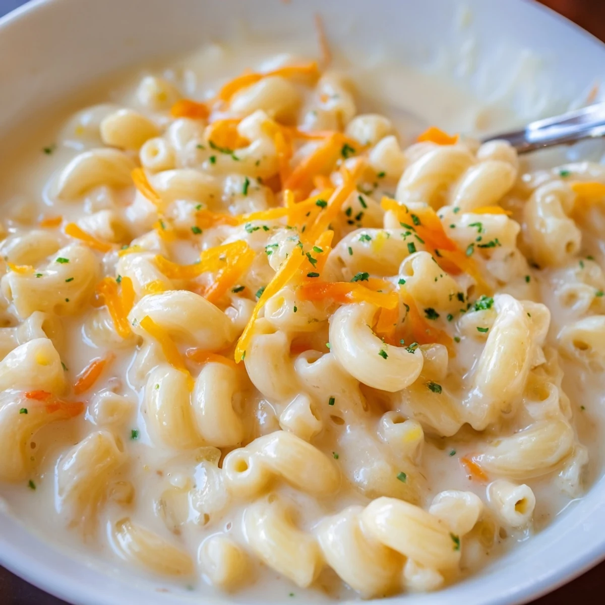 Hearty Mac And Cheese Soup ladled into mug, bacon bits optional