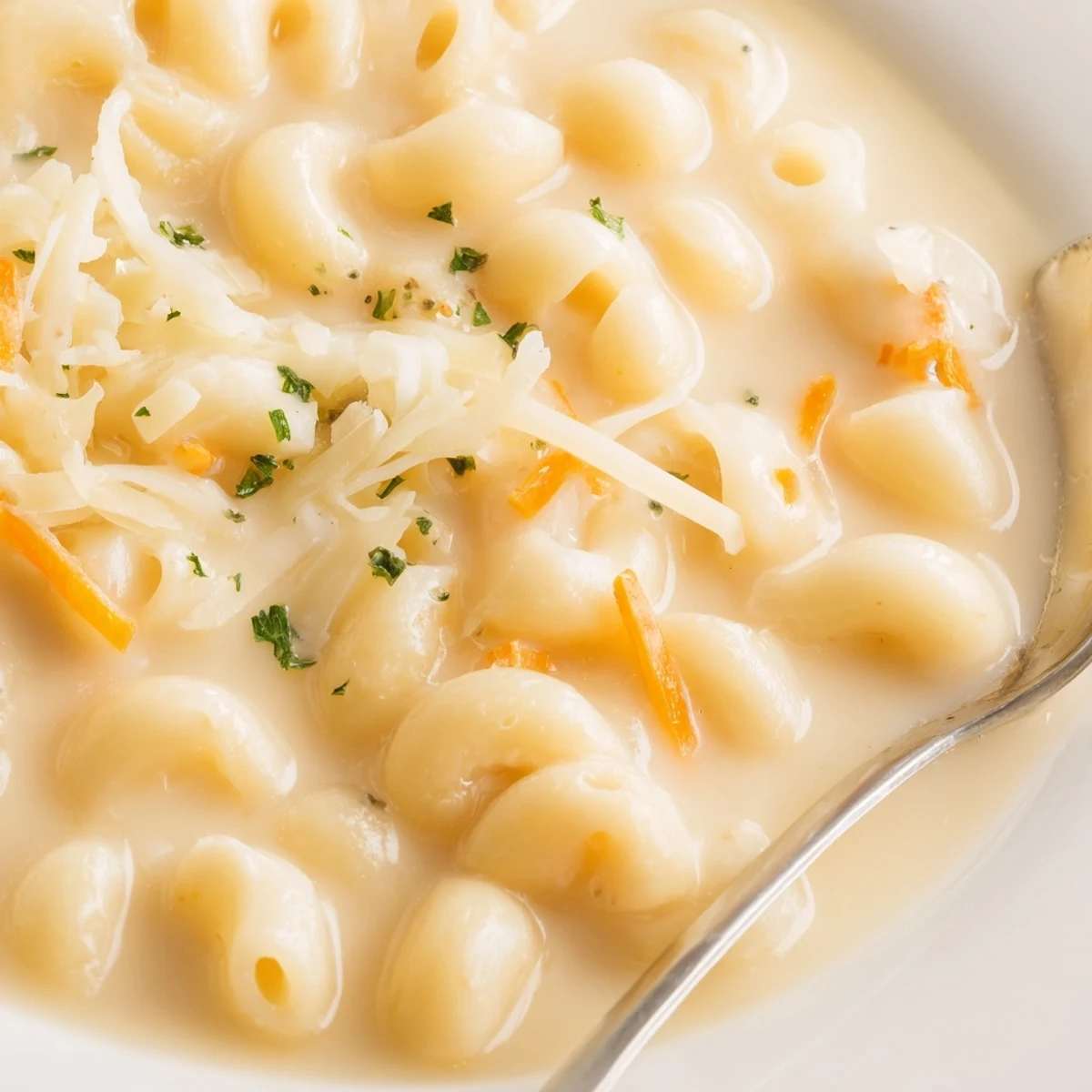 Velvety Mac And Cheese Soup with melted cheddar, elbow macaroni visible