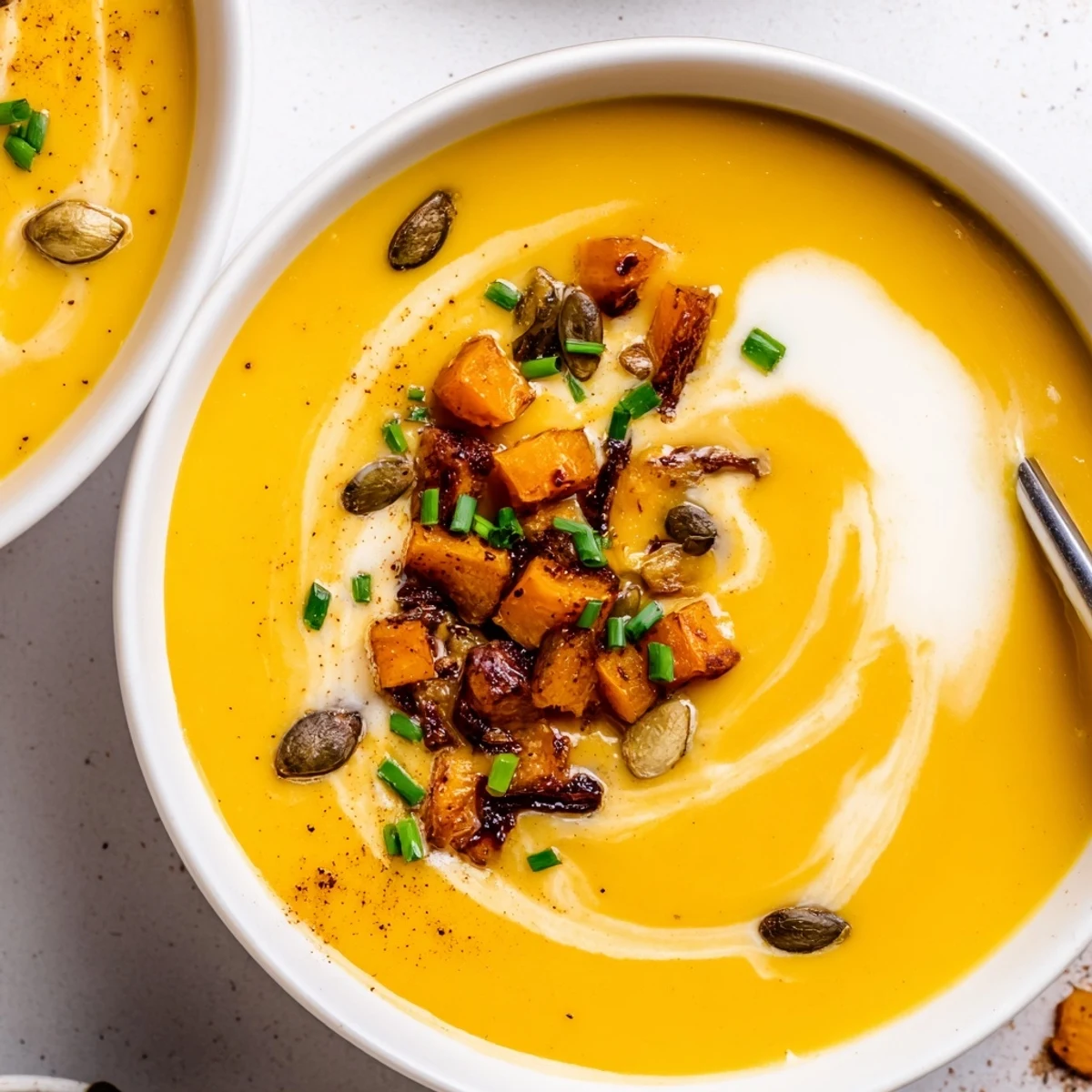 Bowl of Cozy Butternut Squash Soup, velvety orange puree with toasted pumpkin seeds
