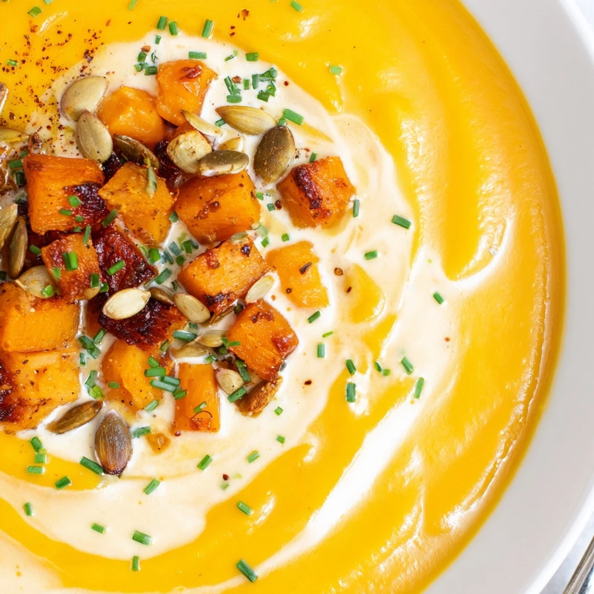 Steaming Cozy Butternut Squash Soup scented with cinnamon, served with crusty bread