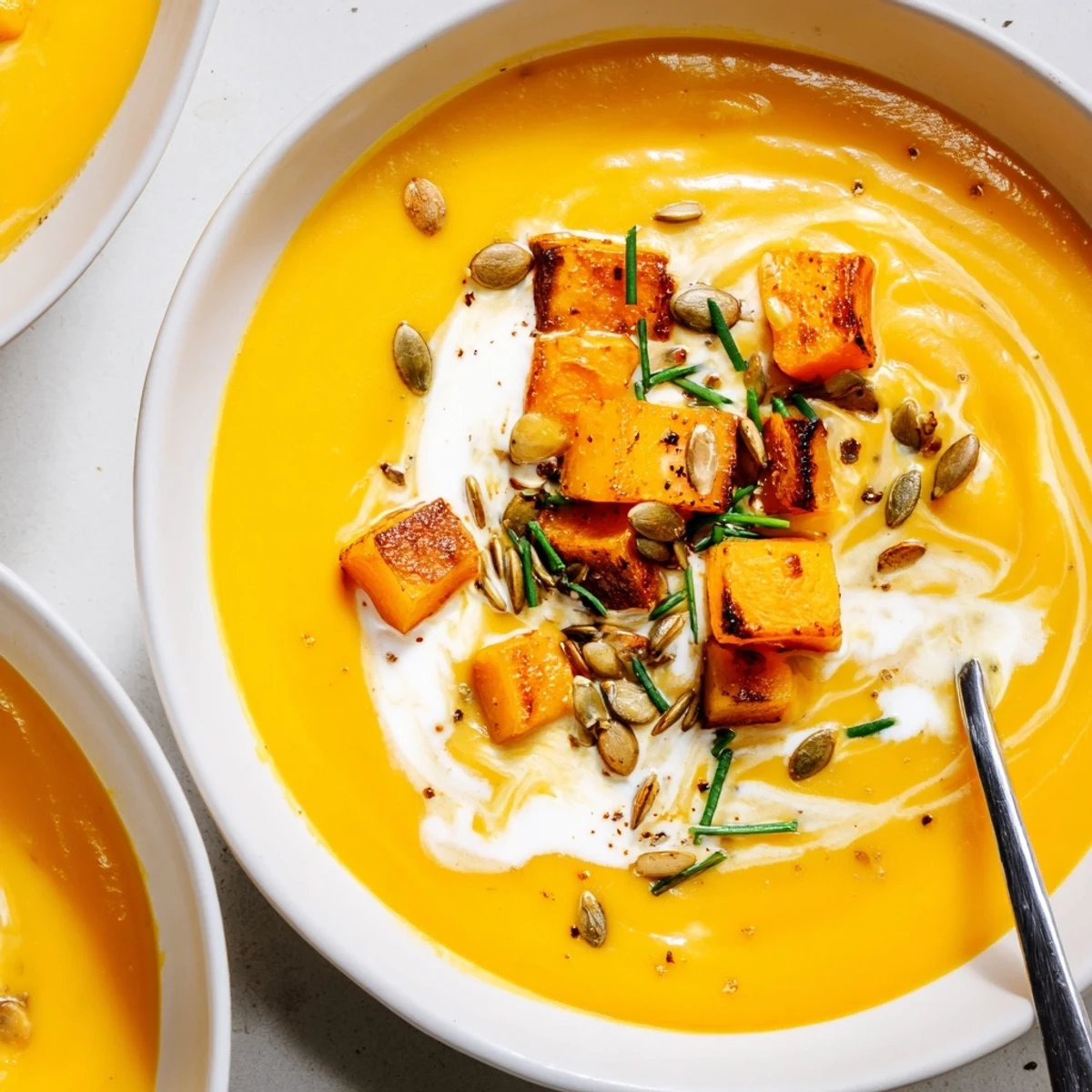 Roasted cubes blended into Cozy Butternut Squash Soup, creamy, garnished with chives