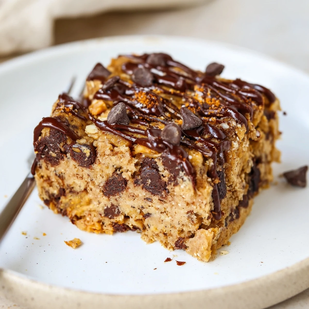 Warm Flourless Peanut Butter Banana bars, moist center, cinnamon aroma, sliced