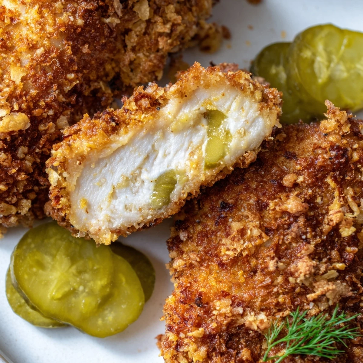 Plate of Crispy Dill Pickle Chicken resting on wire rack, pickles and coleslaw
