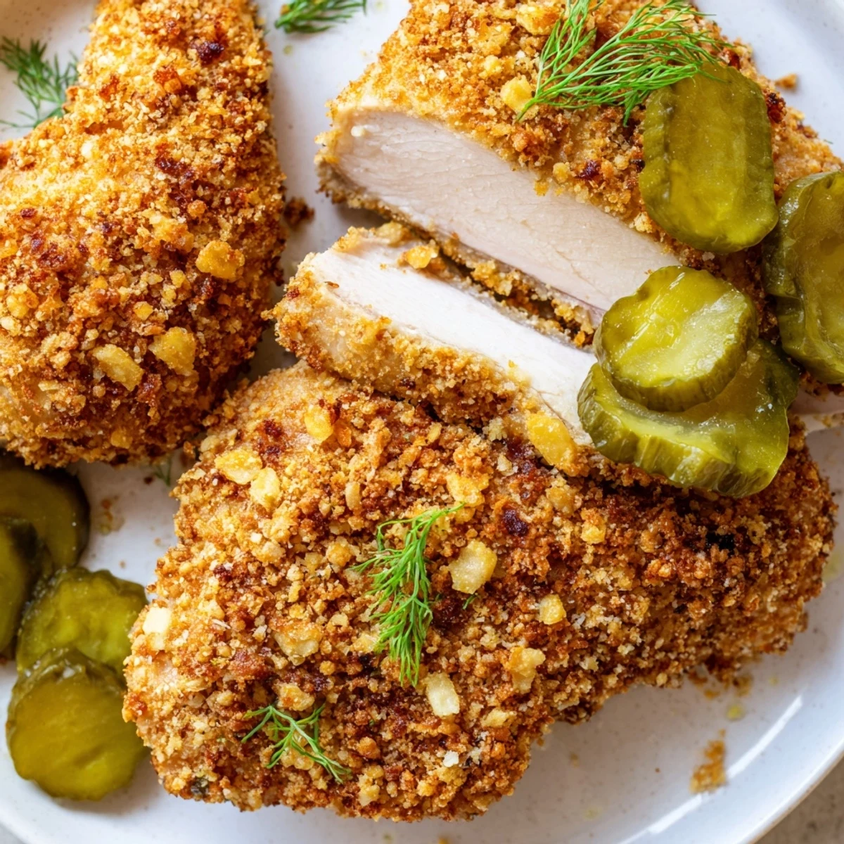 Crispy Dill Pickle Chicken with golden crunchy crust, juicy interior, dill garnish