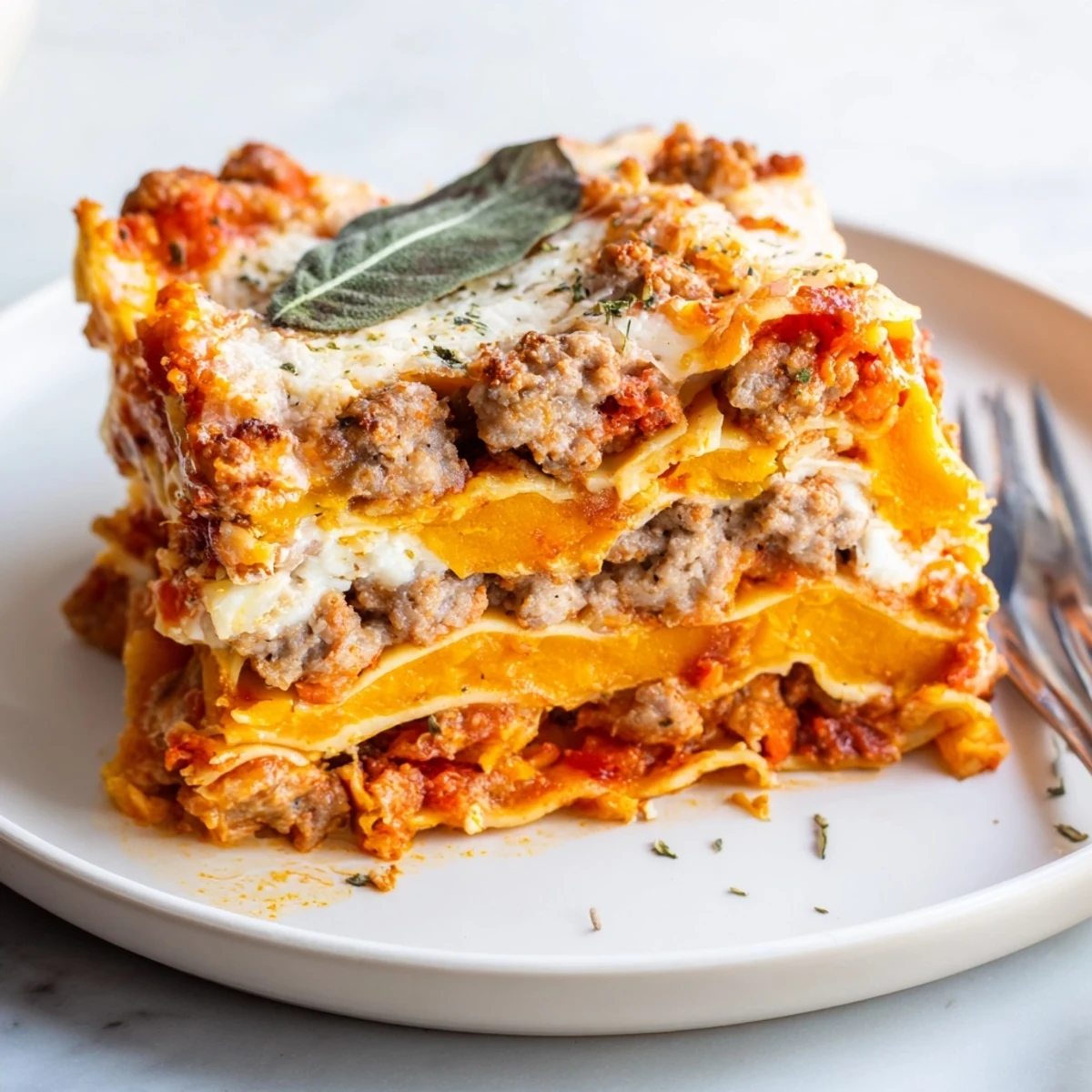 Butternut Squash Sausage Lasagna bubbling with golden cheese, roasted squash visible  