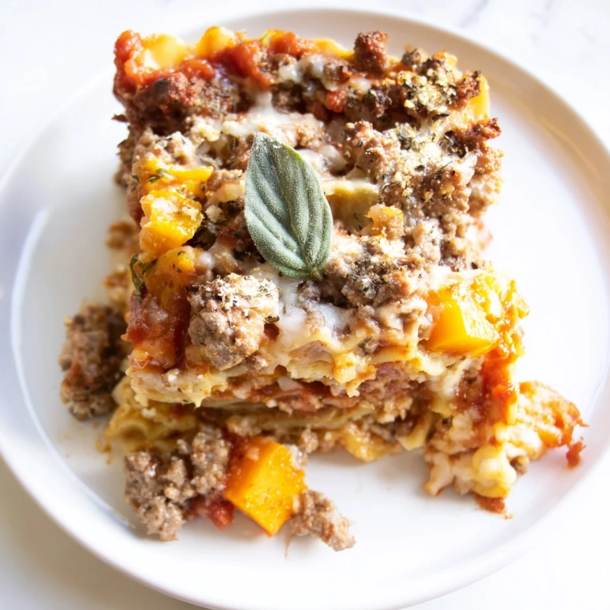 Sliced Butternut Squash Sausage Lasagna cooling on cutting board, basil garnish