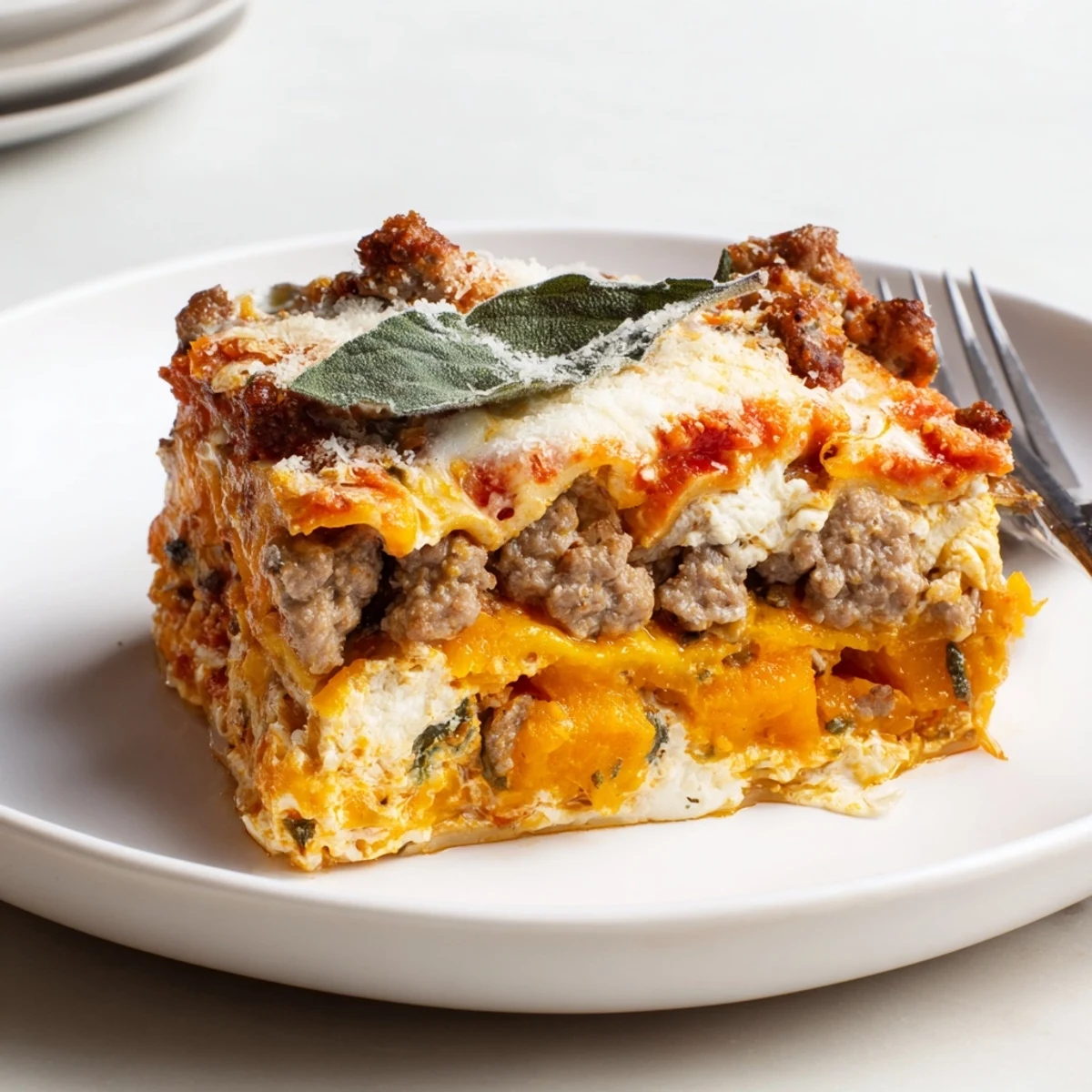 Warm Butternut Squash Sausage Lasagna fresh from oven, caramelized squash edges  