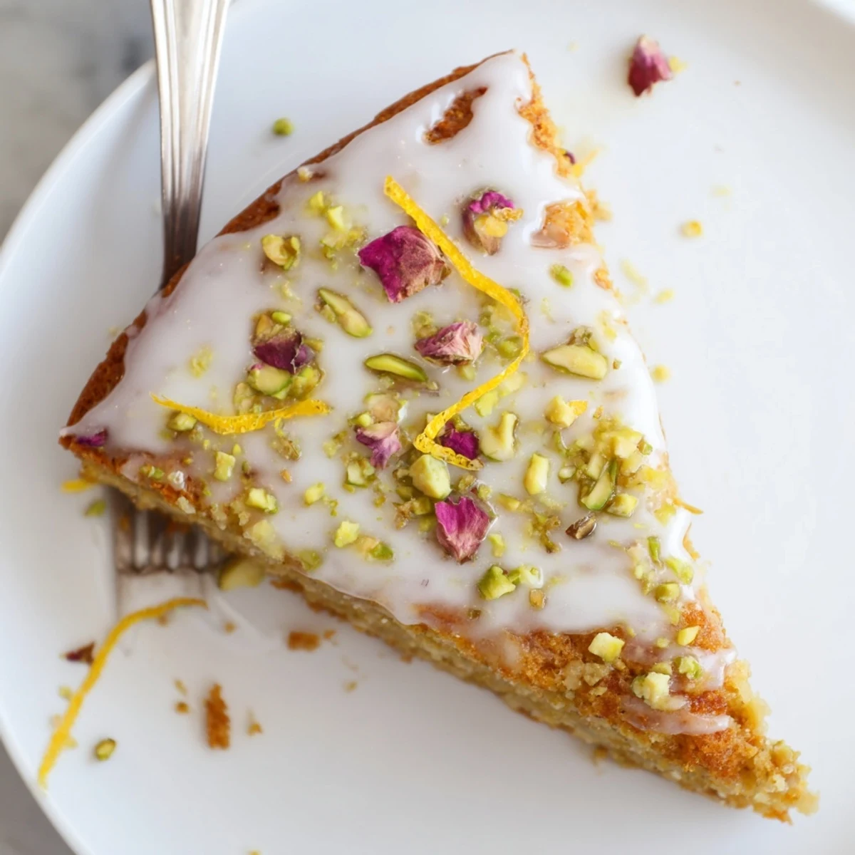 Persian Love Cake Almond glazed with rosewater icing, sprinkled pistachios and petals.