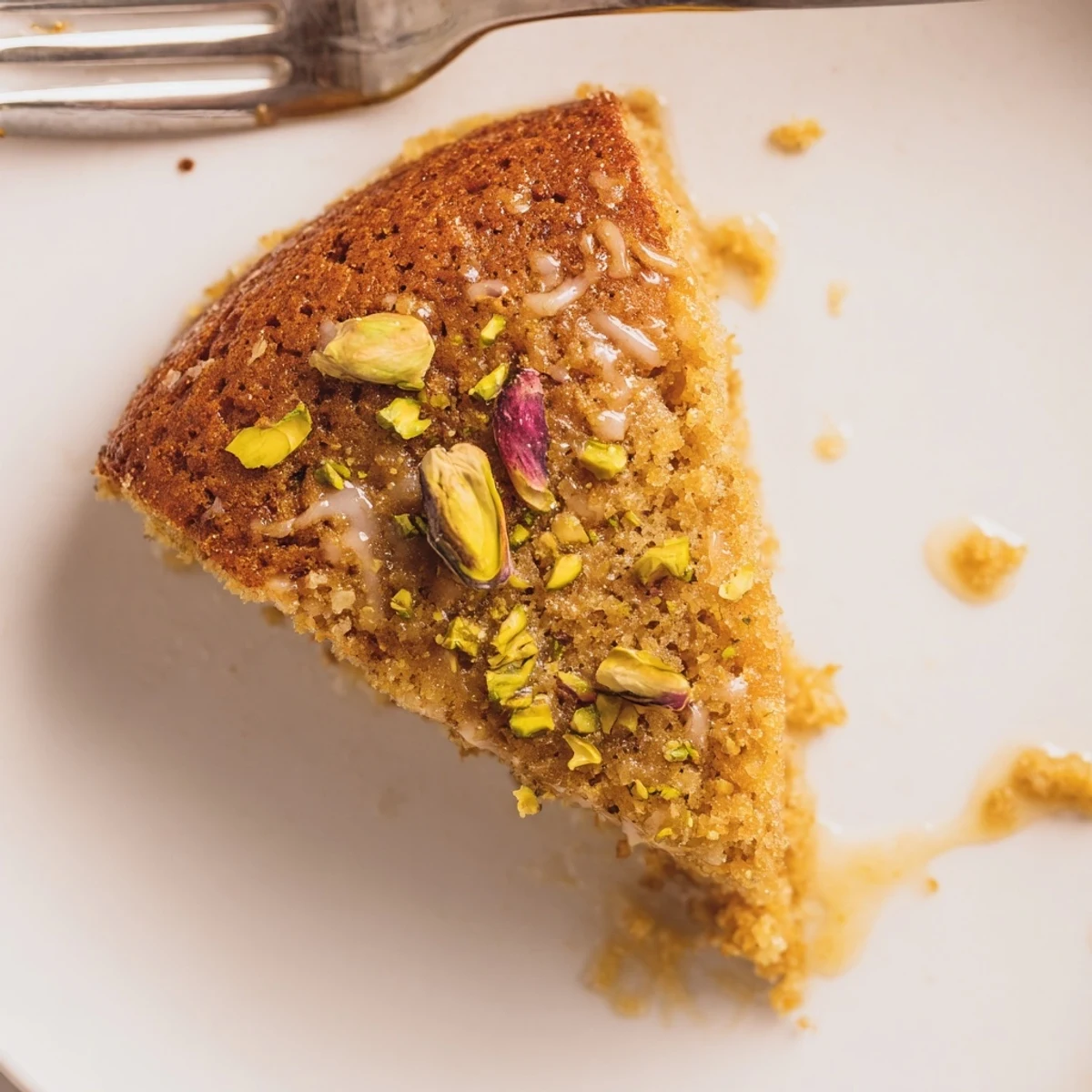 Sliced Persian Love Cake Almond emitting cardamom aroma, plated beside mint tea.