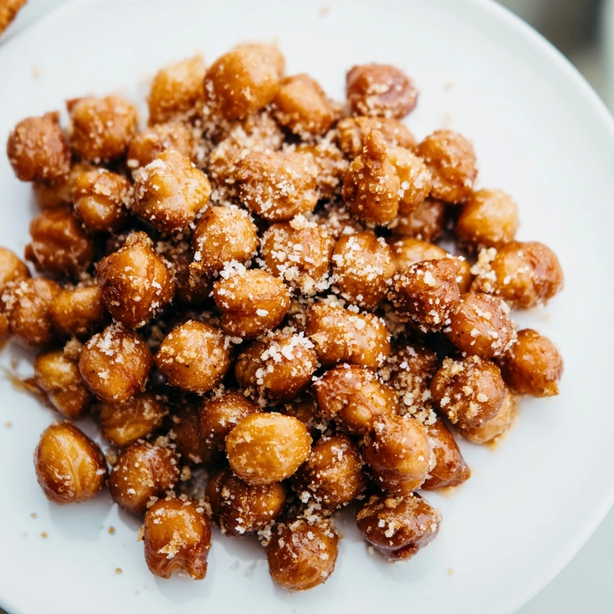 Golden brown cinnamon roasted chickpeas scattered on a white baking sheet, lightly dusted with coconut sugar
