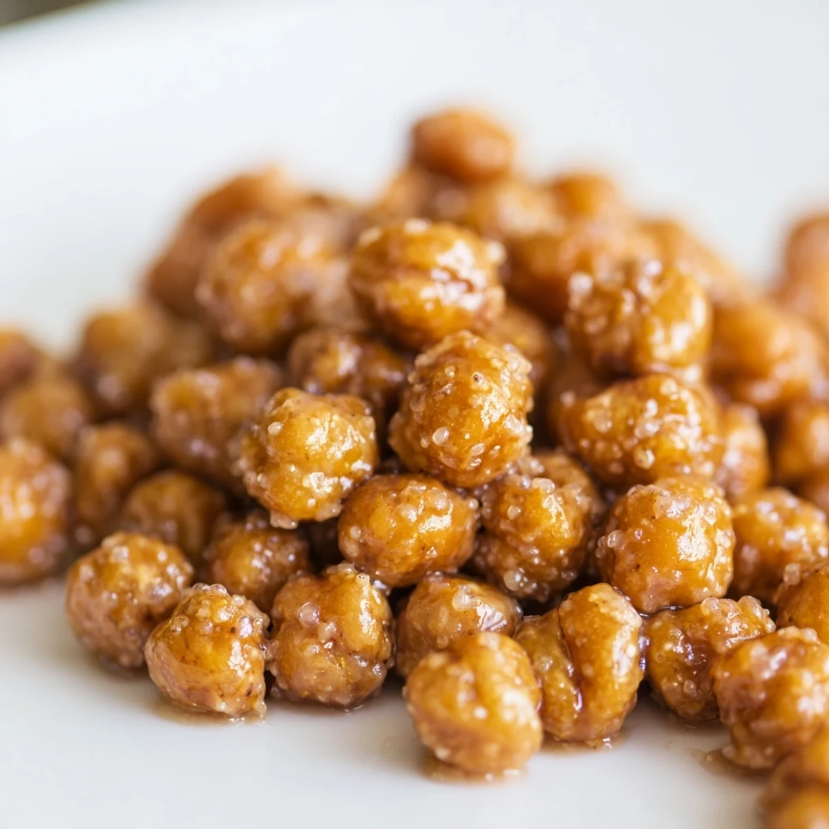 Bowl of crispy sweet and spicy roasted chickpeas sprinkled with ground cinnamon, ready for healthy snacking