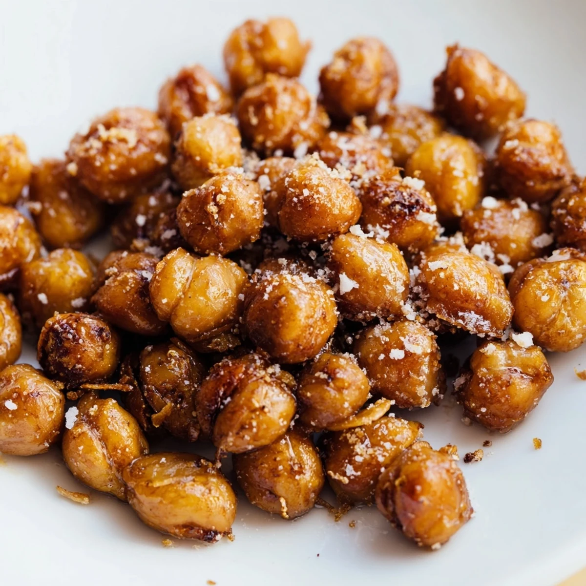 Close-up of crunchy cinnamon spiced chickpeas with maple syrup glaze, glistening on parchment paper