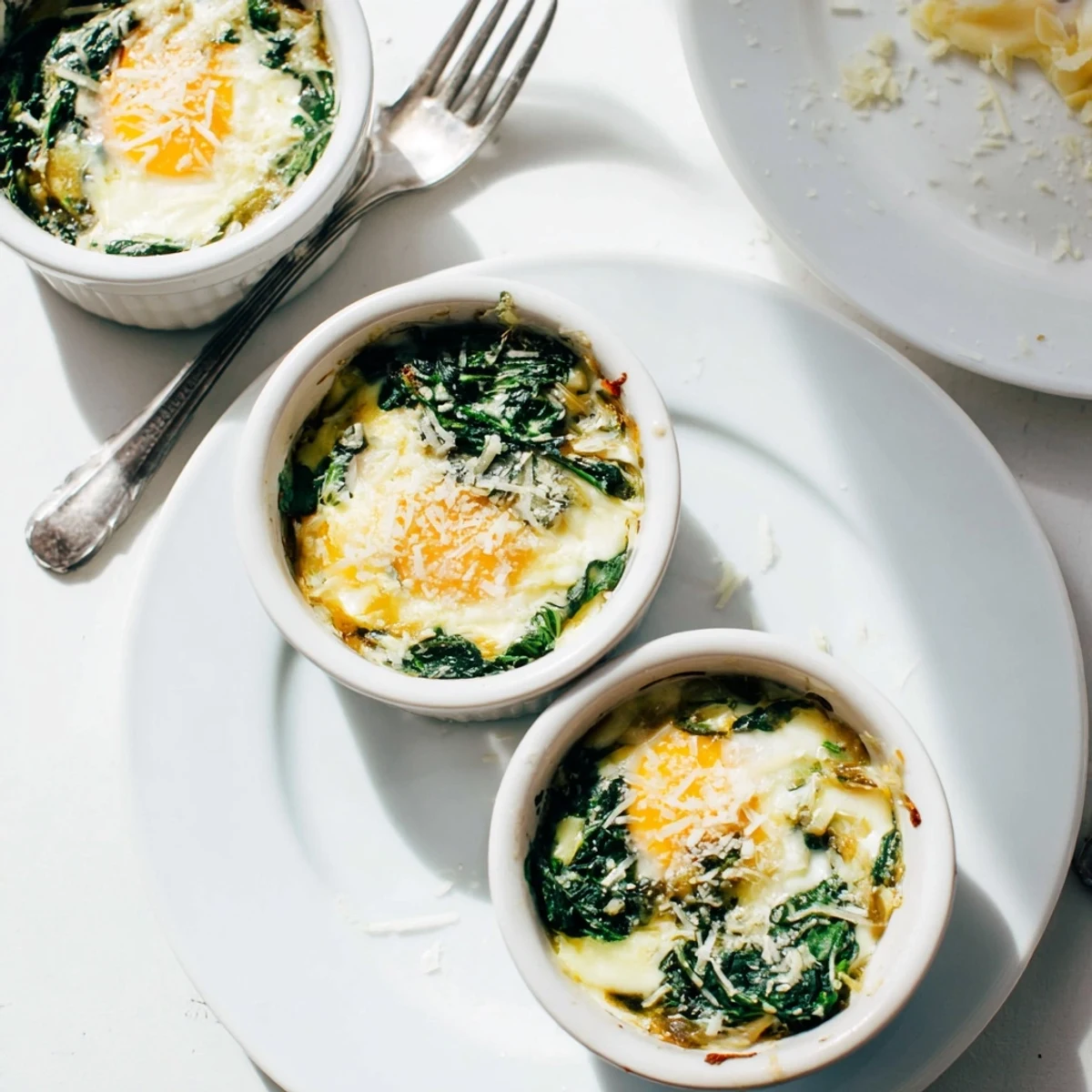 Golden baked eggs spinach parmesan in individual ramekins with melted cheese topping