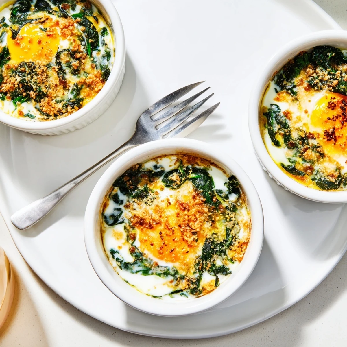Savory spinach and baked eggs parmesan dish with runny yolks and toasted cheese