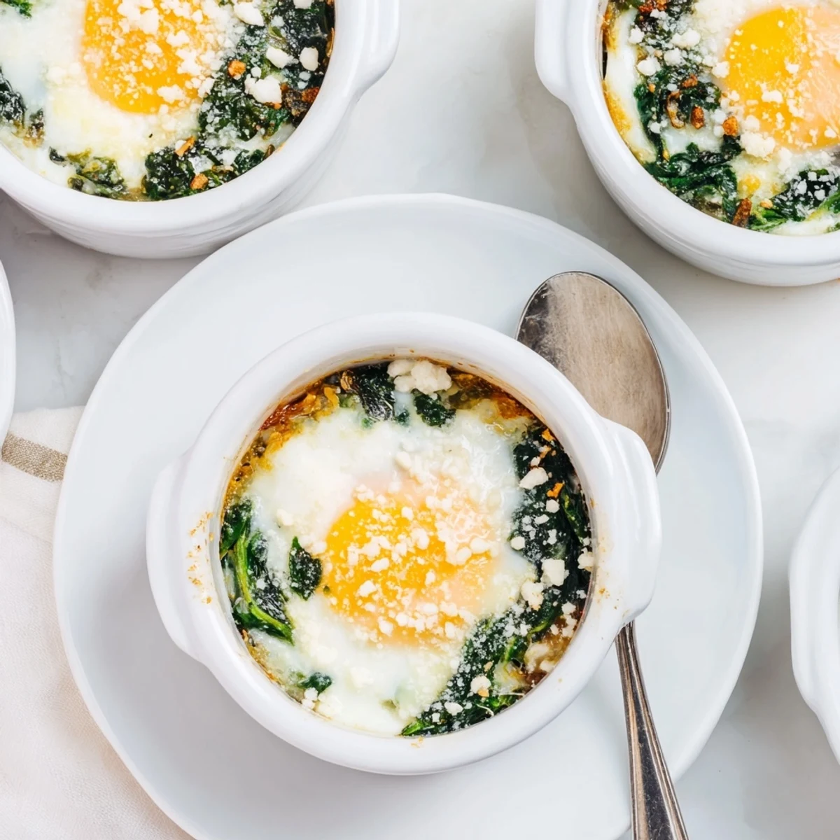 Creamy baked eggs with wilted spinach and golden parmesan crust fresh from oven
