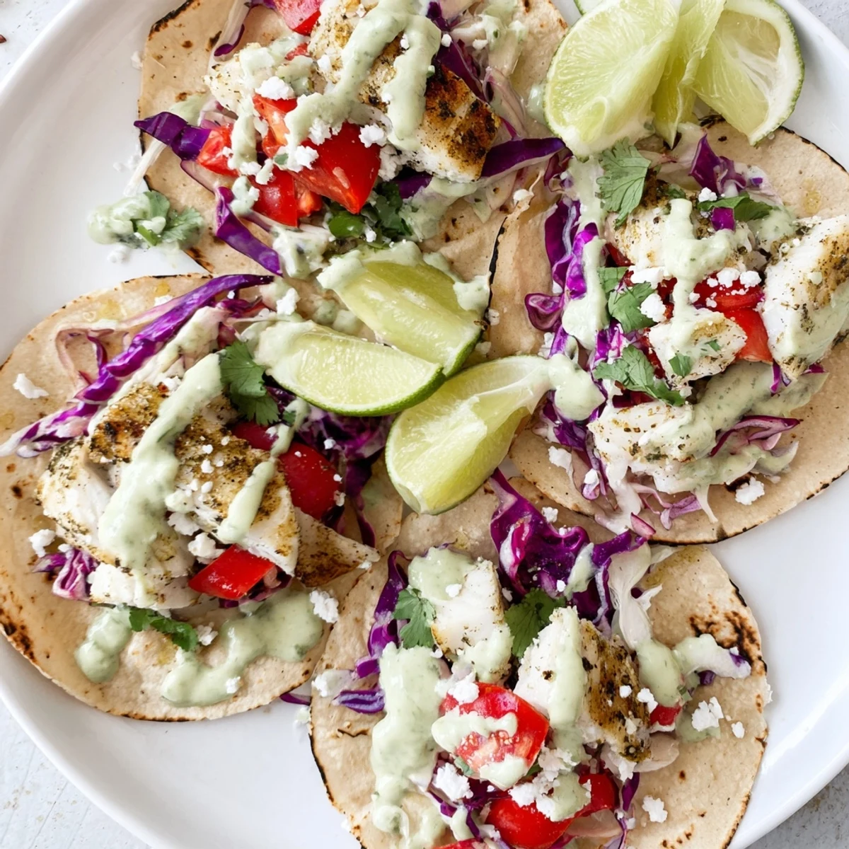 Golden grilled fish tacos topped with fresh cilantro, crunchy cabbage, and creamy lime sauce