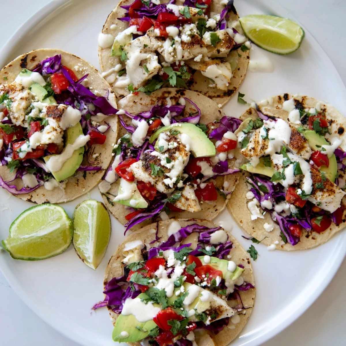 Zesty grilled fish cilantro tacos in warm corn tortillas with avocado and crumbled cheese