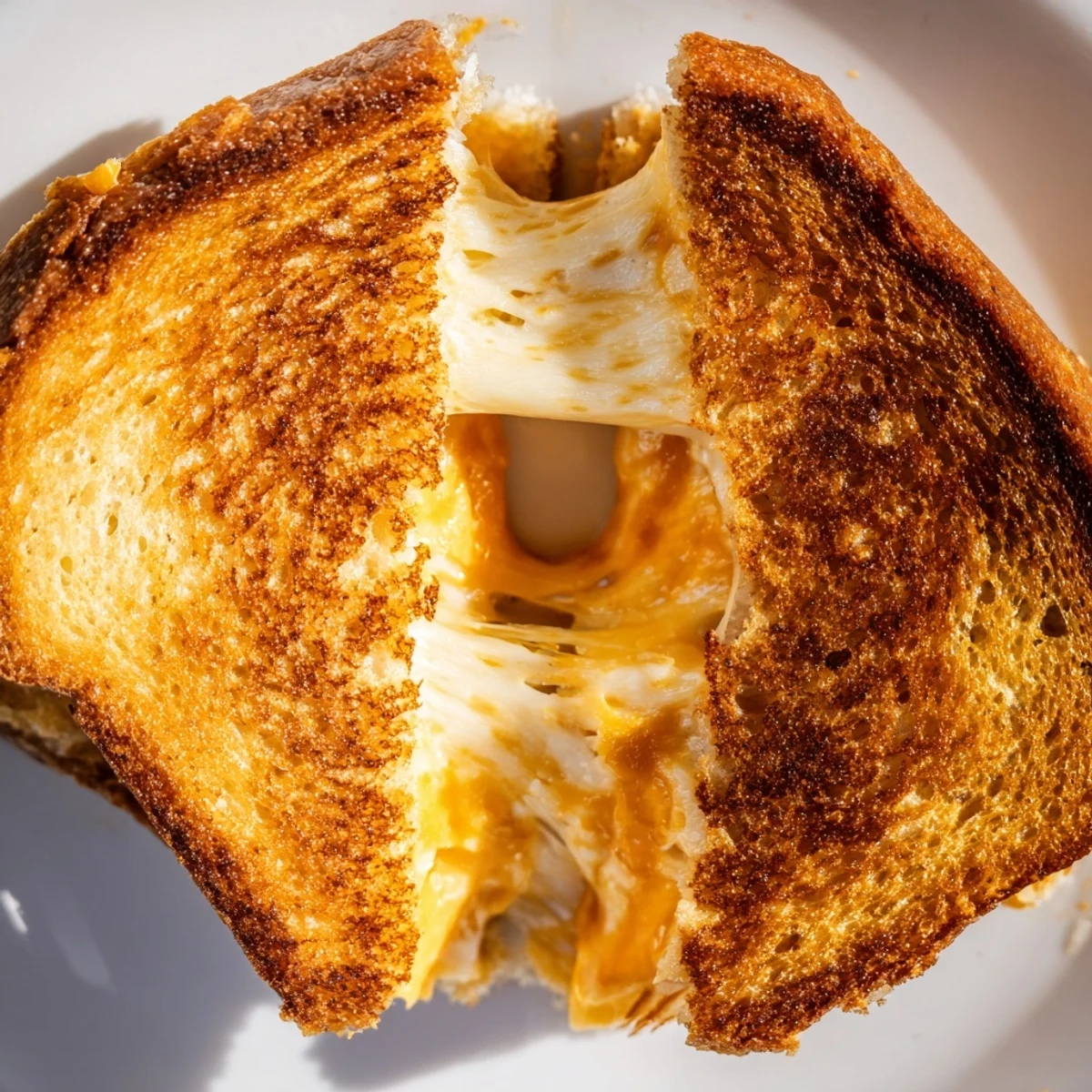 Golden grilled cheese sandwich with melted cheddar oozing from crispy buttered bread slices