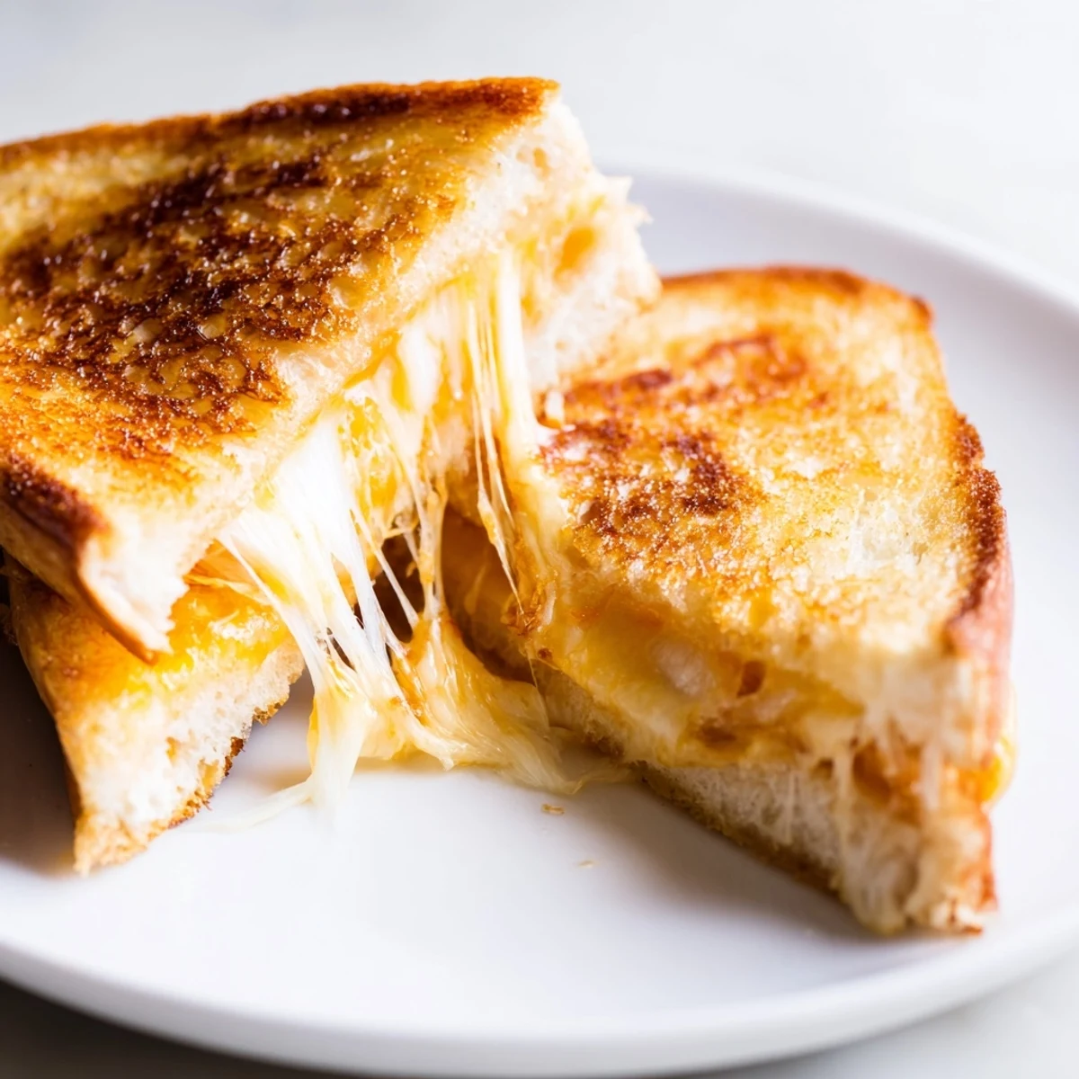 Homemade grilled cheese with bubbly melted cheese peeking through perfectly browned sourdough bread slices
