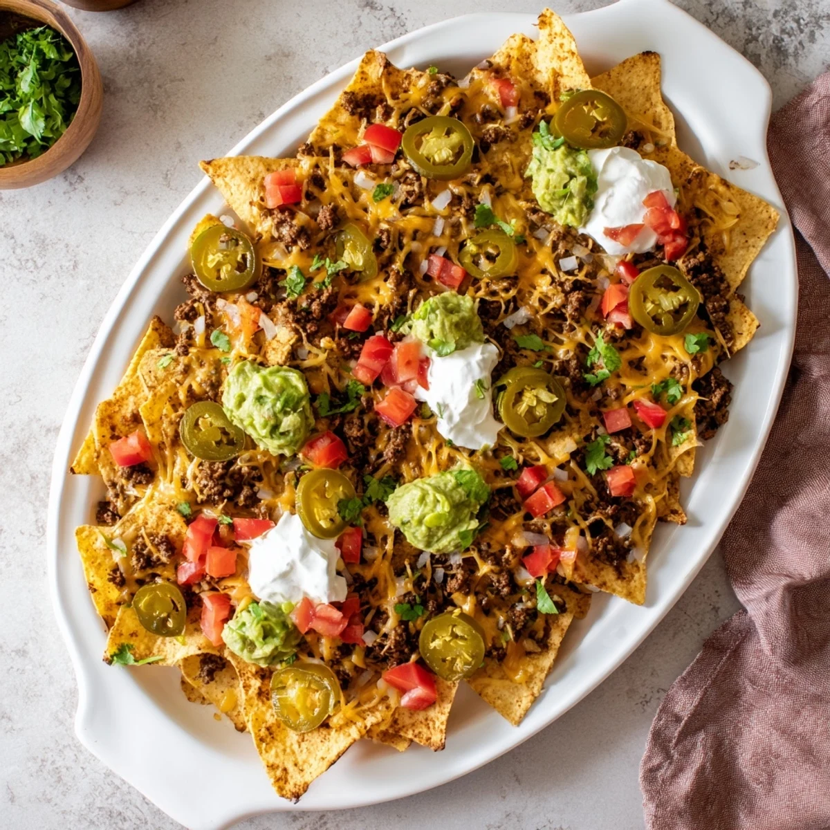 Golden Texas Nachos piled high with seasoned beef, melted cheddar, and colorful fresh toppings