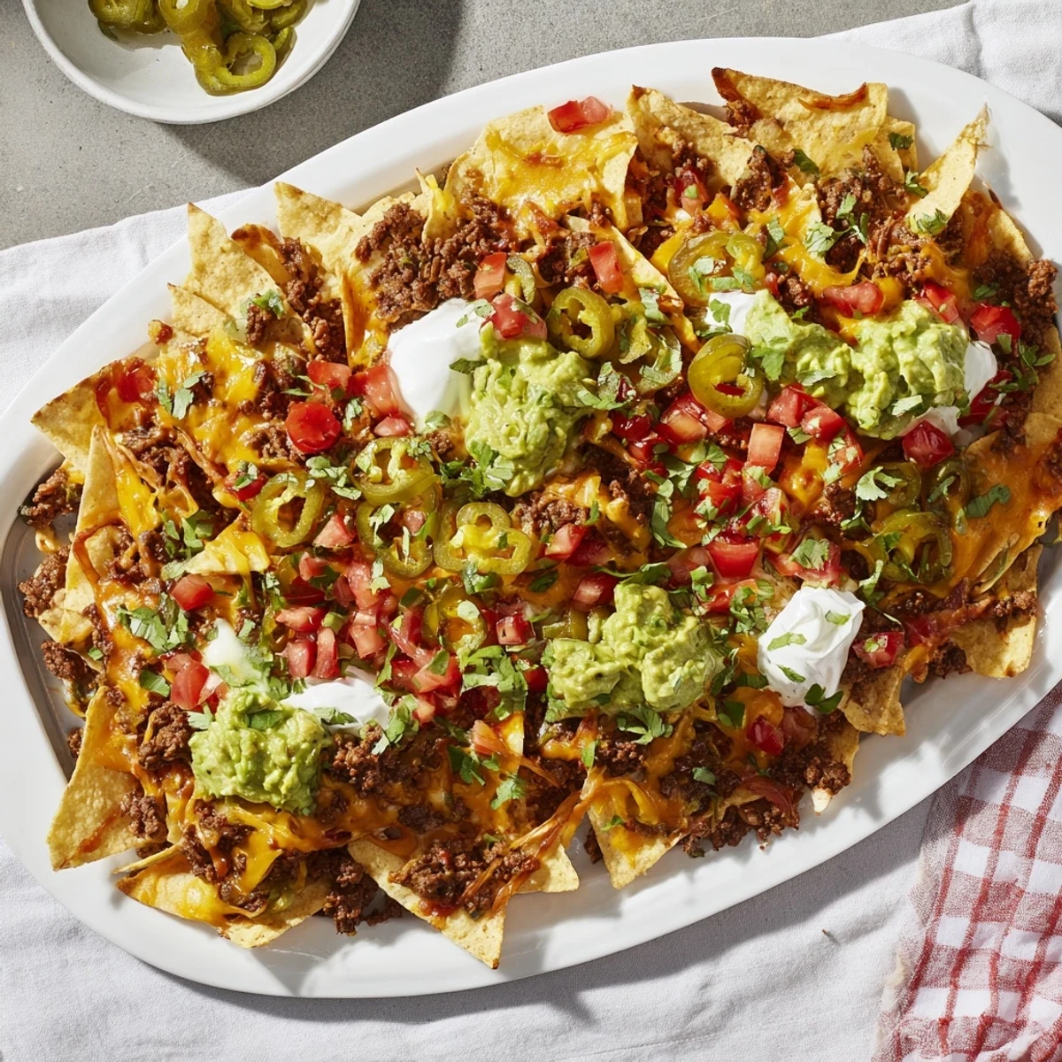 Layered Tex-Mex Texas Nachos featuring crispy chips, spiced meat, and bubbling cheese from the oven