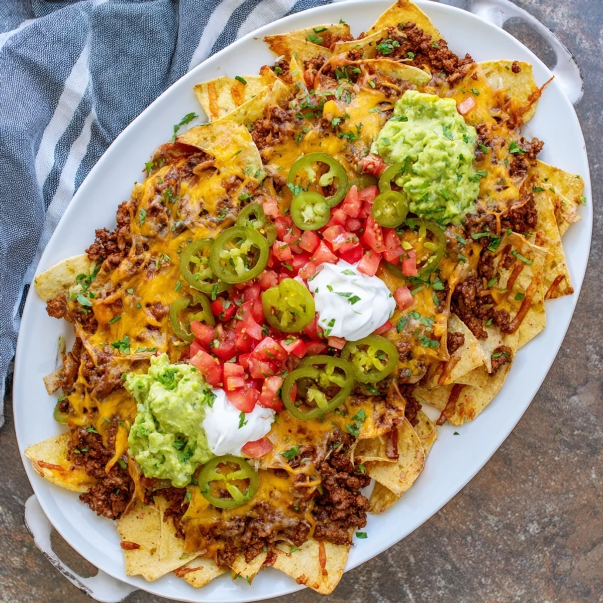 Heaping platter of Texas Nachos loaded with ground beef, cheese, jalapeños, and creamy guacamole