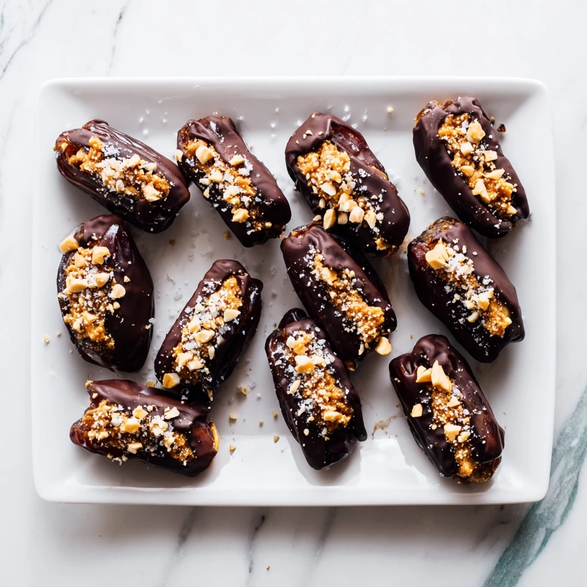 Homemade Date Snickers stuffed with peanut butter and chopped roasted peanuts