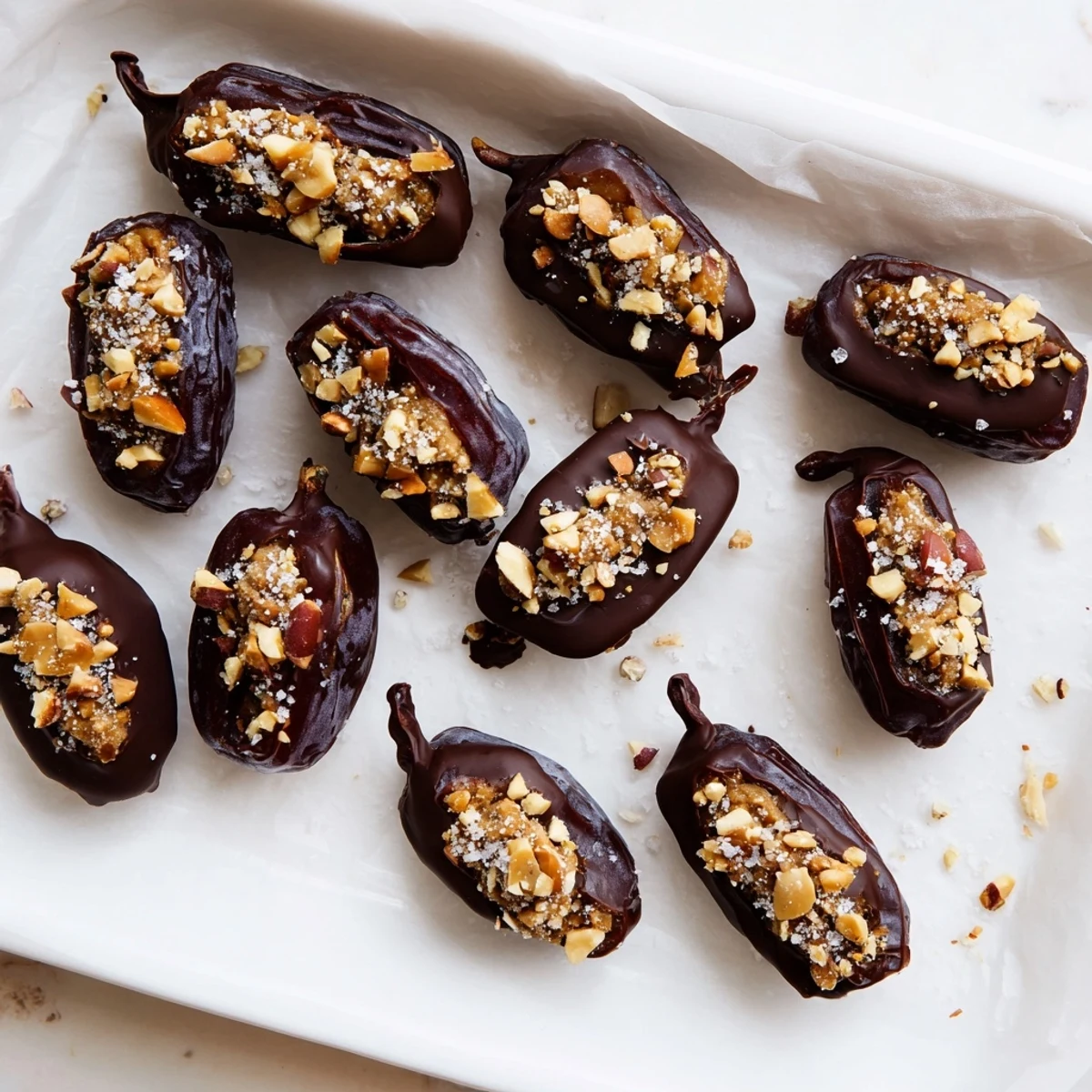 Dark chocolate coated Date Snickers sprinkled with flaky sea salt on parchment paper