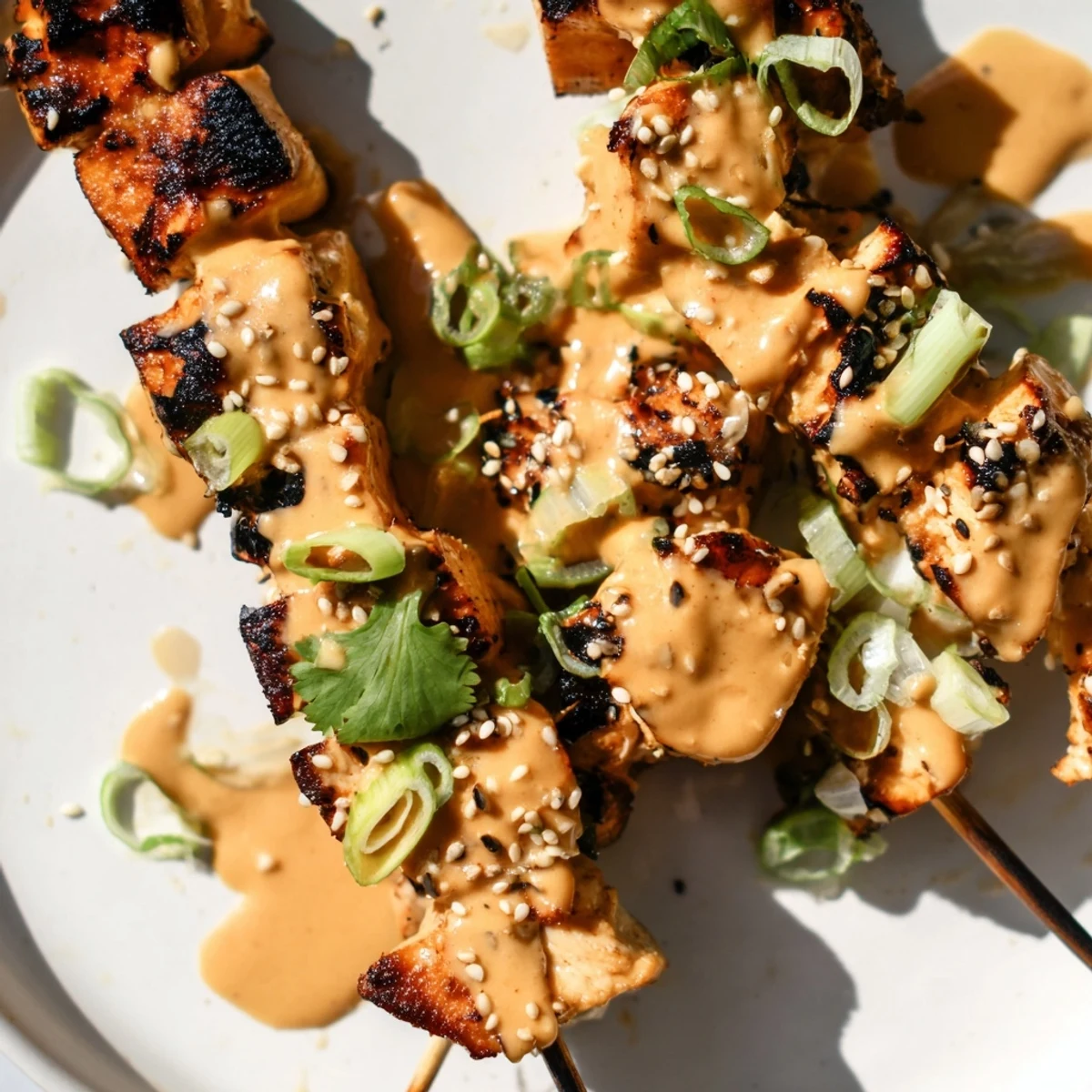 Plate of Bang Bang chicken skewers brushed with thick white sauce and sprinkled with cilantro garnish