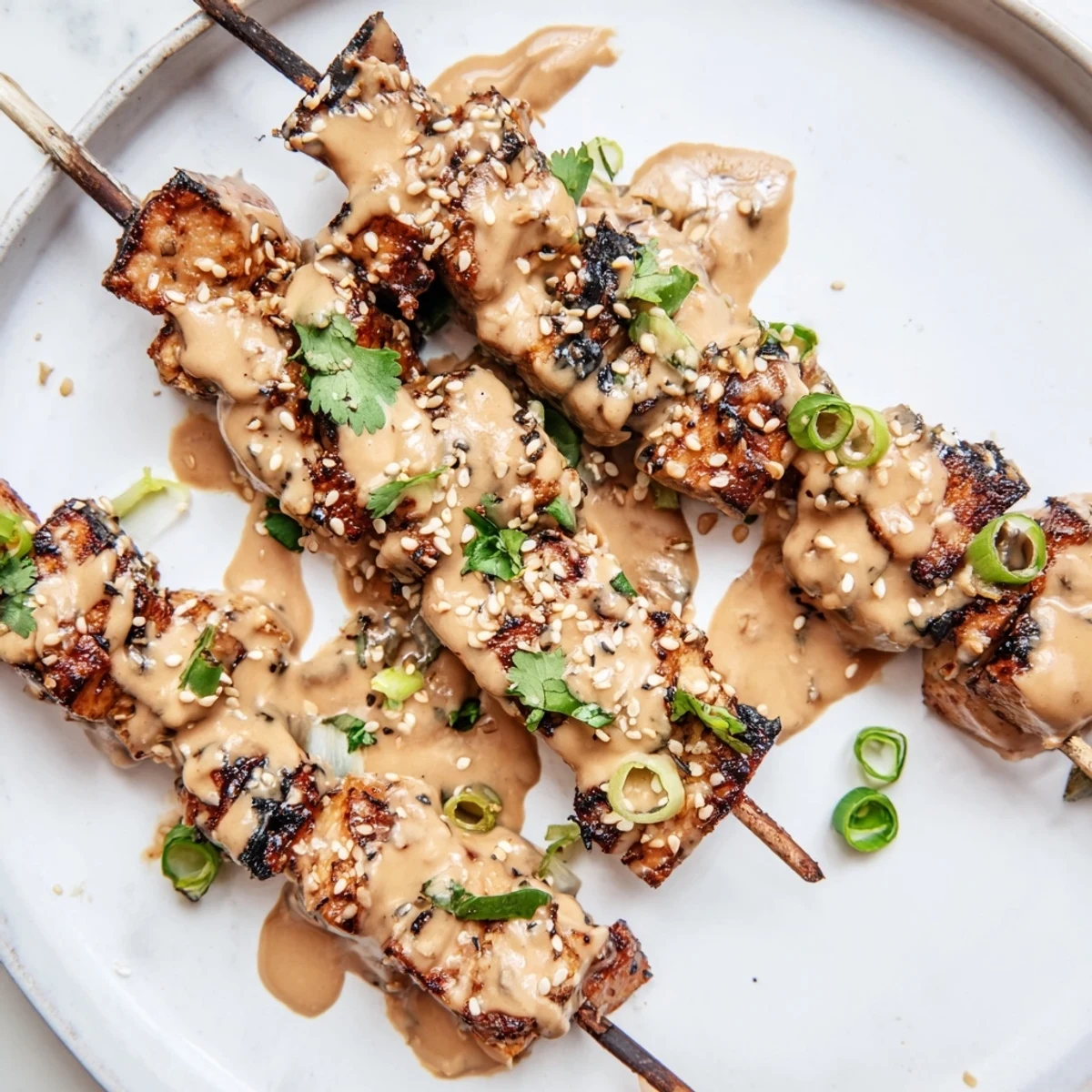 Tender chicken chunks on skewers drizzled with sweet chili Bang Bang sauce and fresh green onions