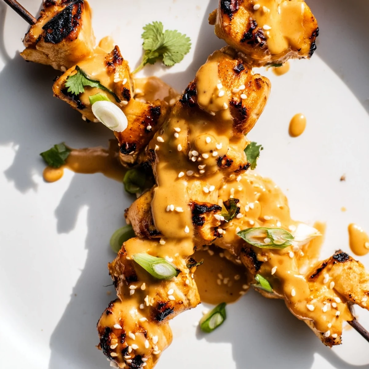 Golden grilled Bang Bang chicken skewers coated in creamy spicy red sauce and sesame seeds