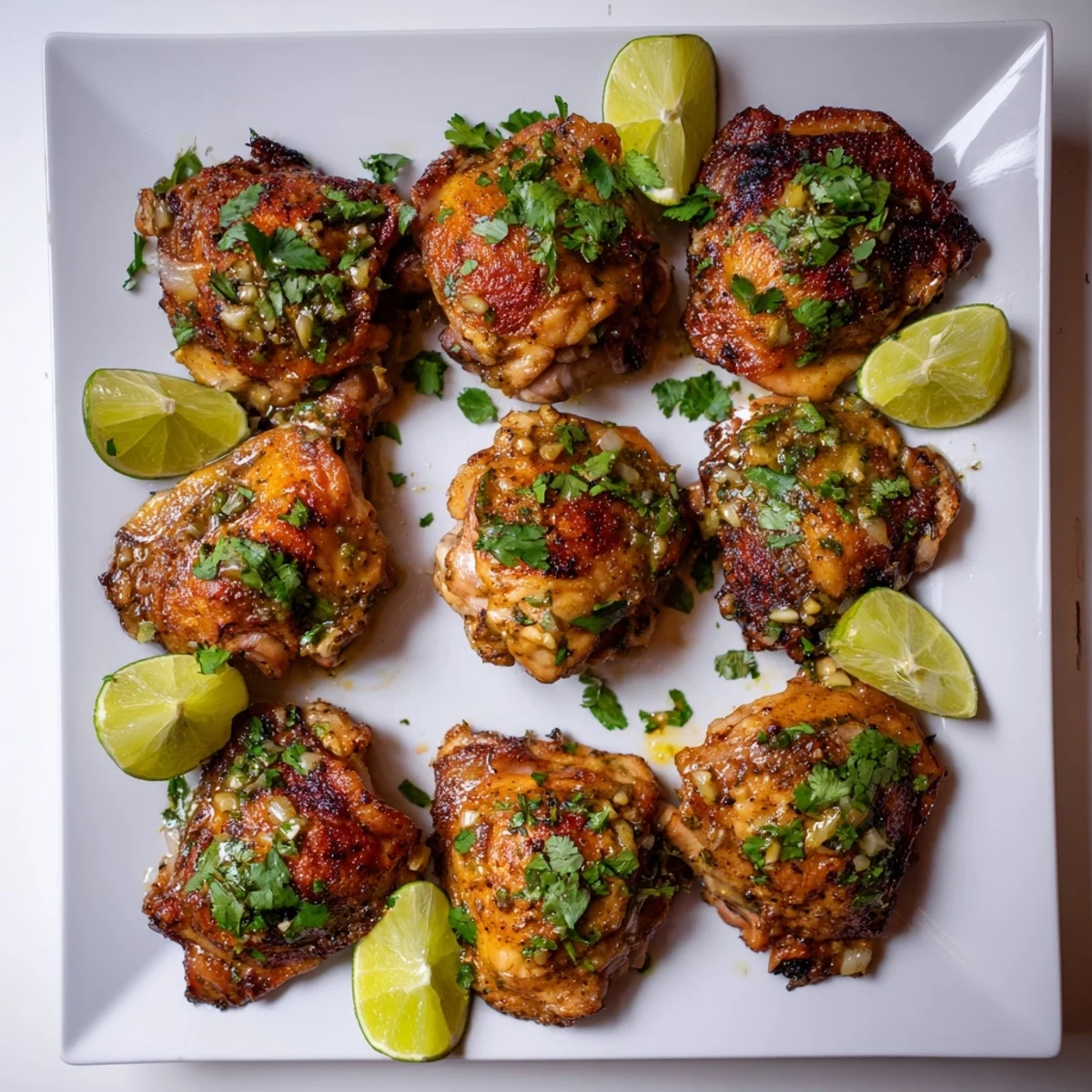 Golden Cuban Mojo chicken thighs roasted until crispy with citrus garlic marinade