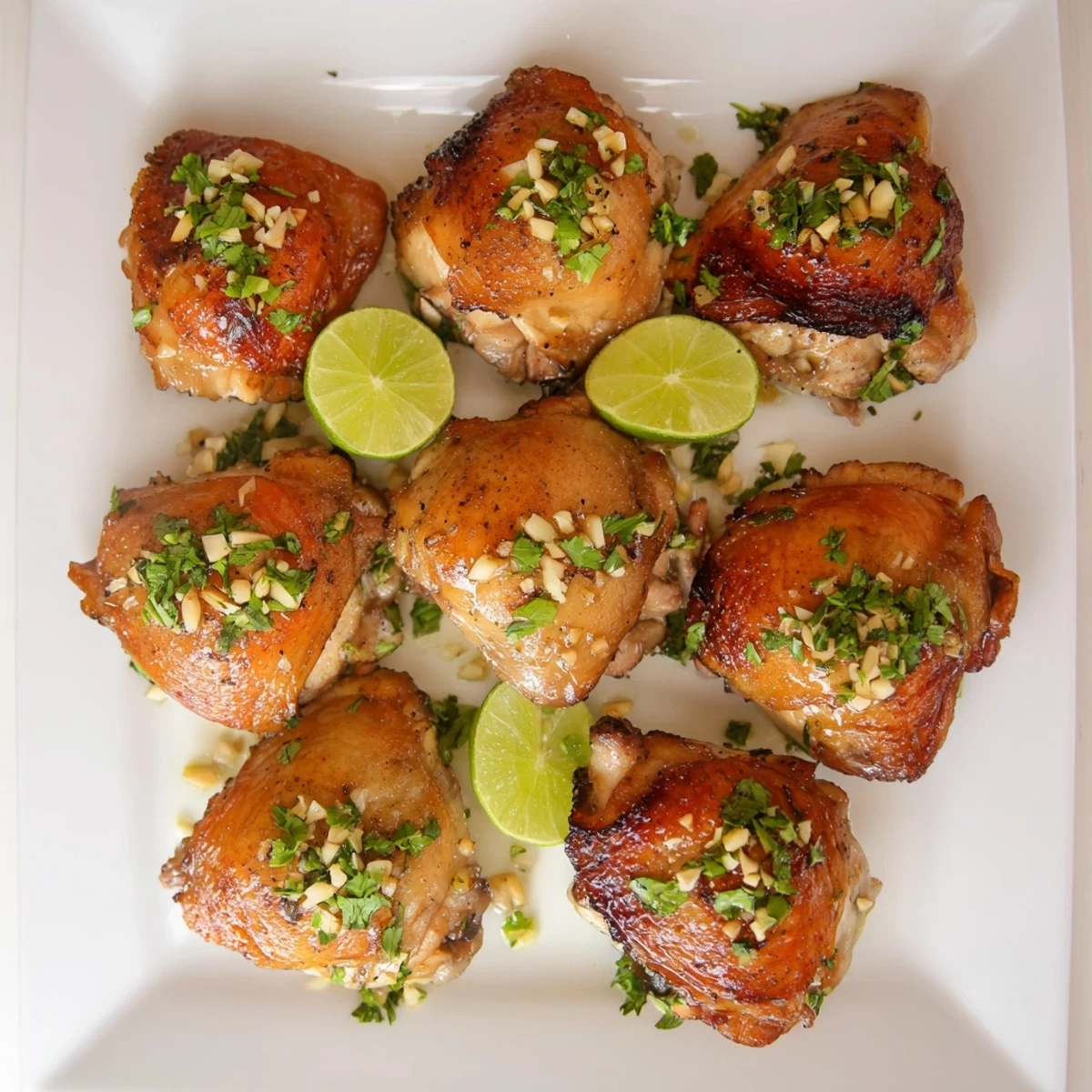 Crispy skin-on Cuban Mojo chicken thighs served with lime wedges and cilantro