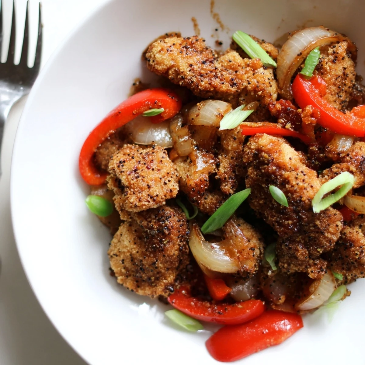 Plate of Asian-style crispy pepper chicken featuring crunchy fried chicken bites glazed in a spiced soy-pepper sauce