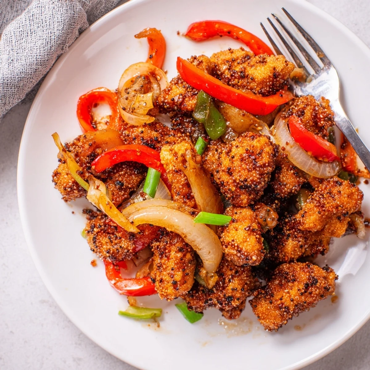 Golden crispy pepper chicken pieces tossed in a savory black pepper sauce with colorful bell peppers and onions