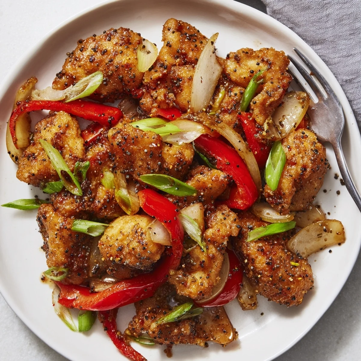 Juicy chicken coated in a light crispy crust, stir-fried with aromatic vegetables and freshly cracked black pepper