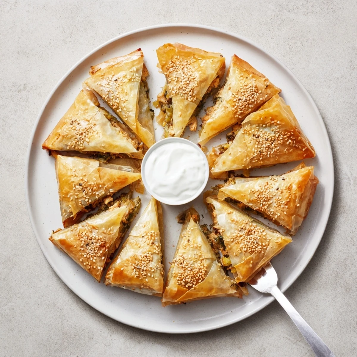 Golden brown Moroccan spiced chicken briouats with crispy phyllo pastry and aromatic herbs