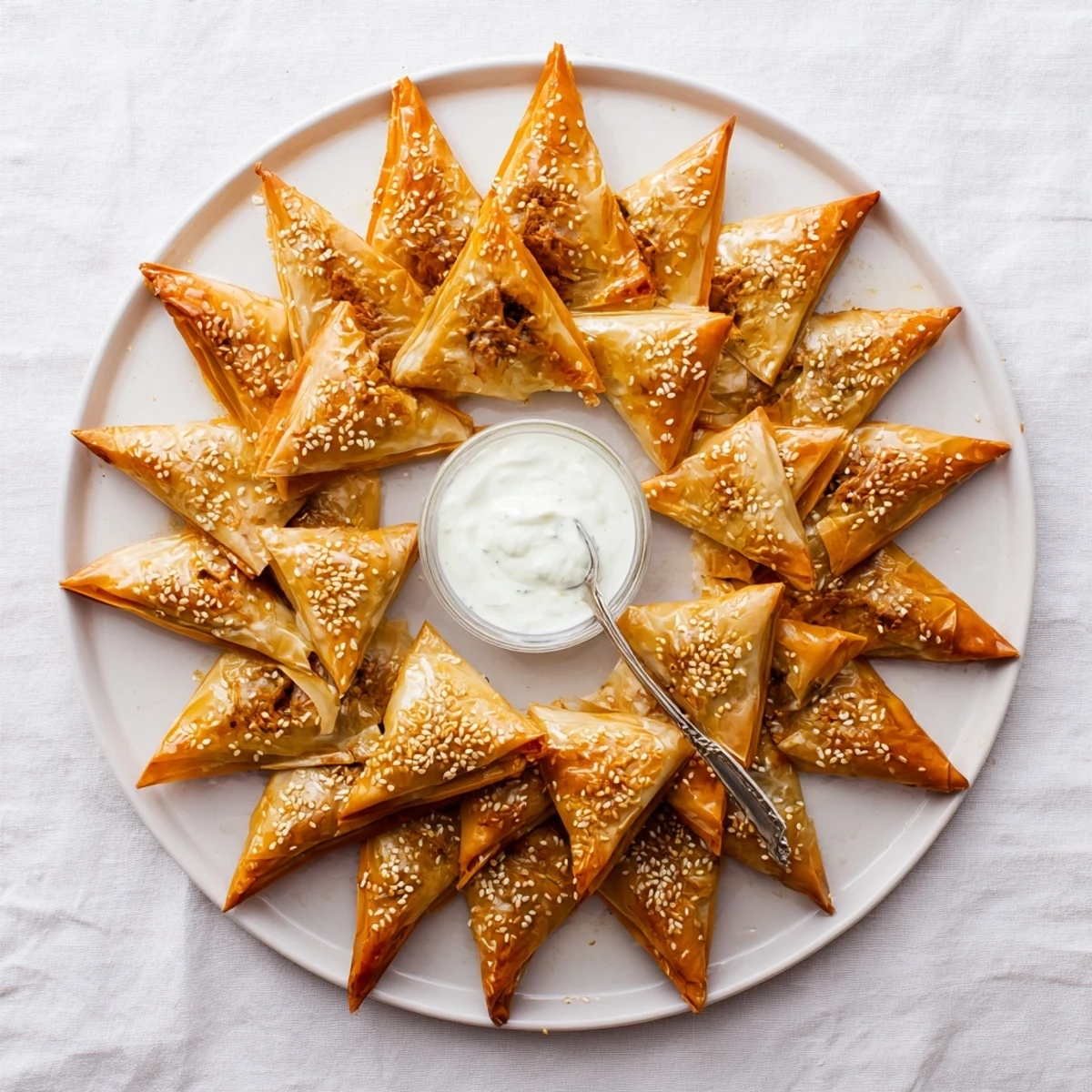 Crispy baked Moroccan spiced chicken briouats sprinkled with sesame seeds on a serving platter