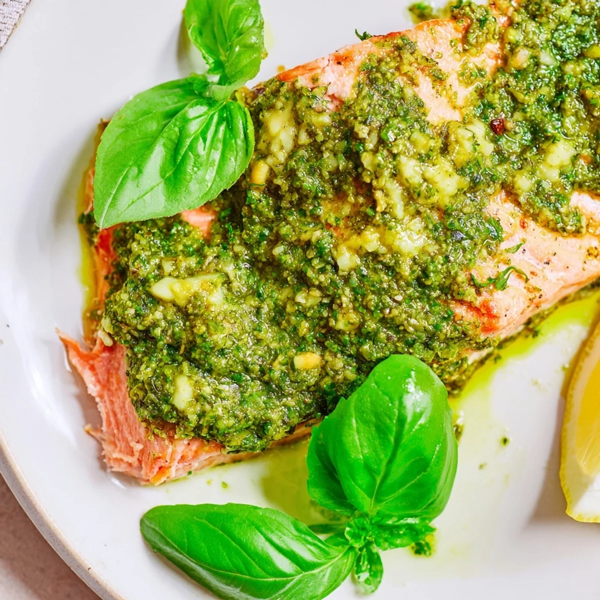 Oven-roasted salmon glazed with basil pesto and melted butter, garnished with fresh lemon wedges and basil