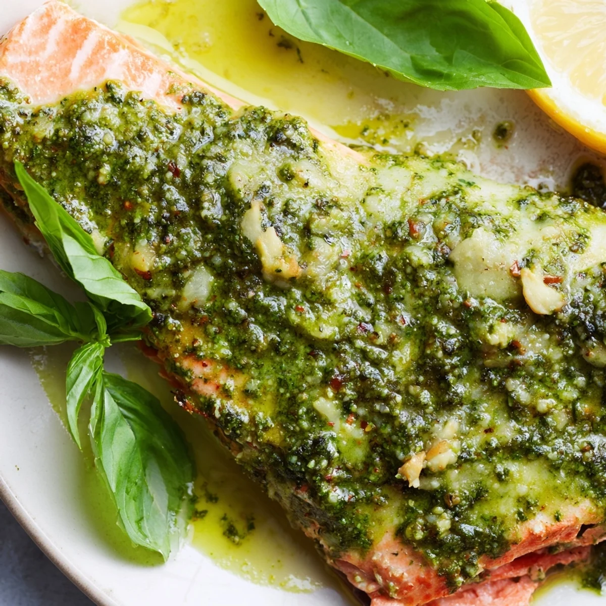 Golden baked pesto butter salmon fillet topped with vibrant green herb butter on a white plate