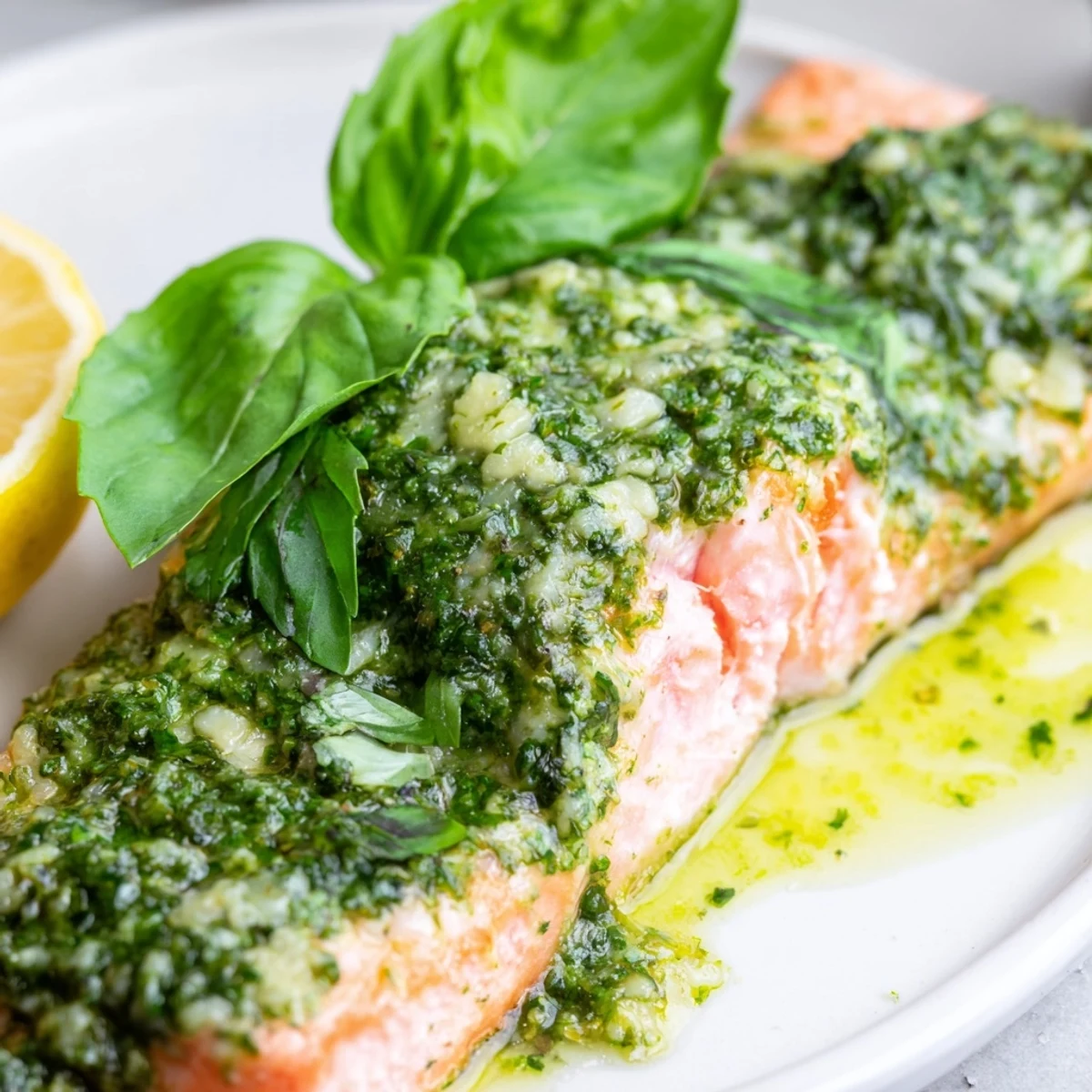 Flaky salmon with creamy pesto butter sauce baked to golden perfection, served with lemon on a rustic wooden board