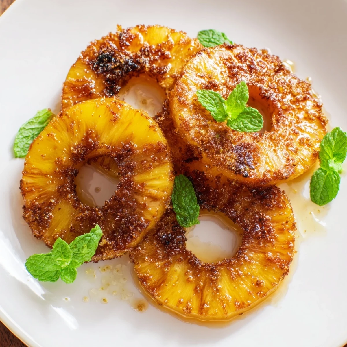 Golden air fryer pineapple rings coated in brown sugar and cinnamon, caramelized to perfection