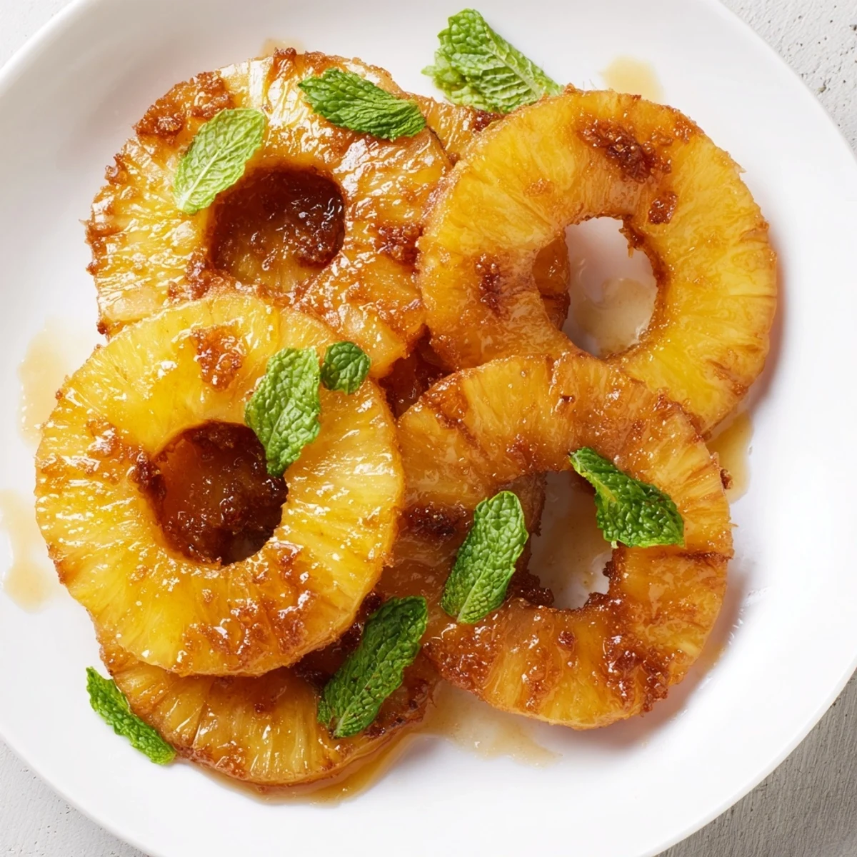 Crispy caramelized air fryer pineapple sprinkled with brown sugar cinnamon and fresh mint garnish