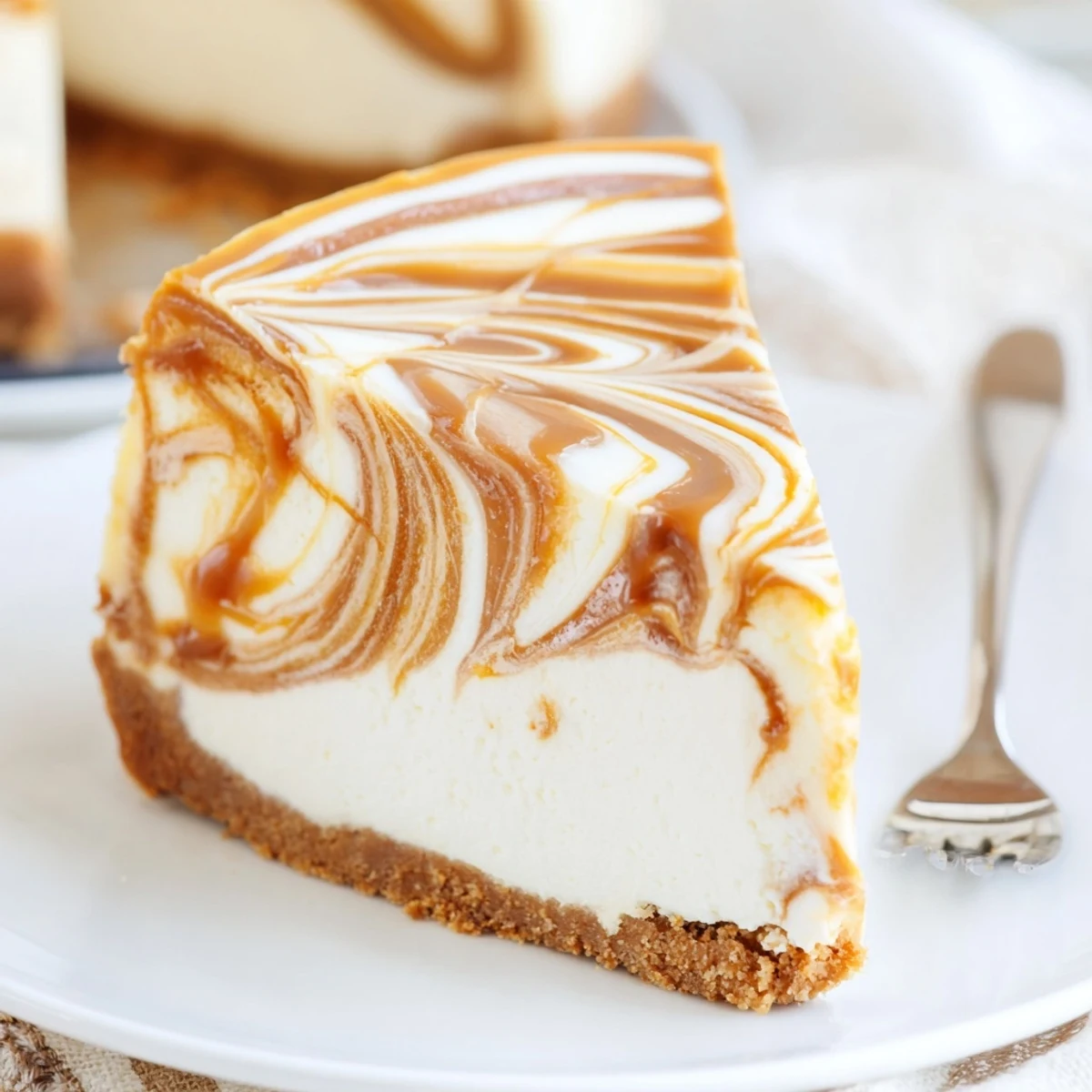 Creamy caramel swirl cheesecake wedge showing caramel ribbons throughout the rich filling