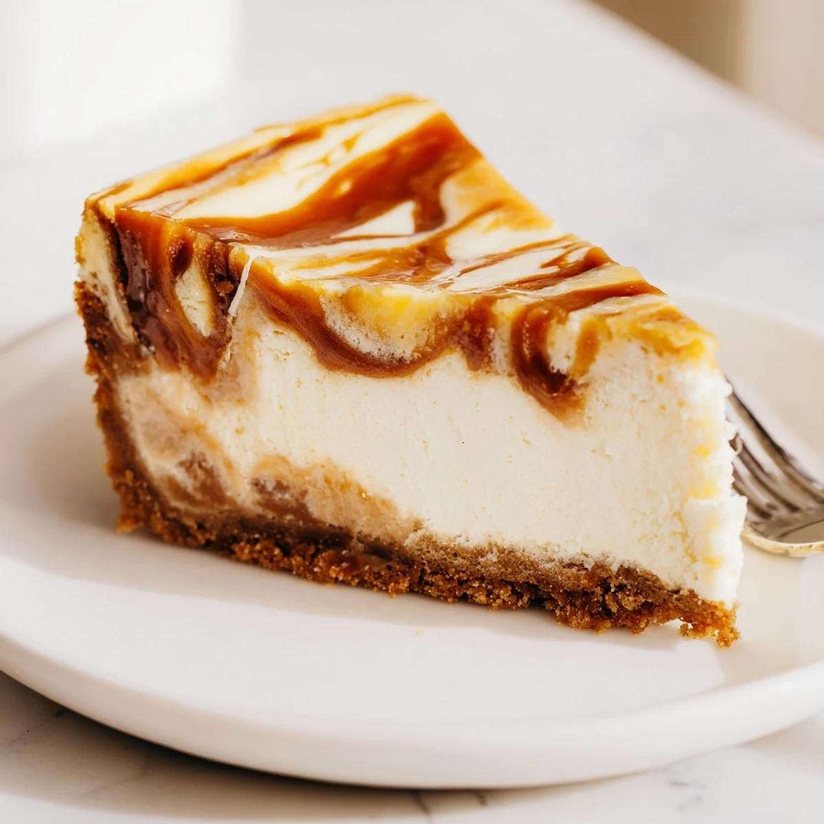 Golden caramel swirl cheesecake slice on white plate with graham cracker crust visible