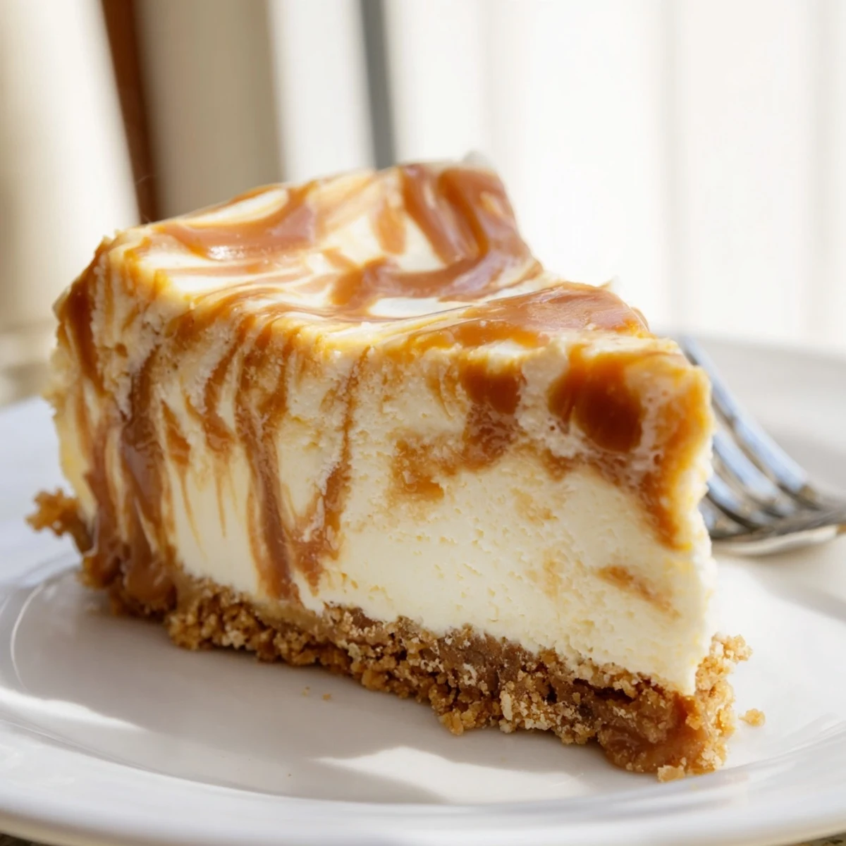 Homemade caramel swirl cheesecake piece topped with extra caramel drizzle and sea salt